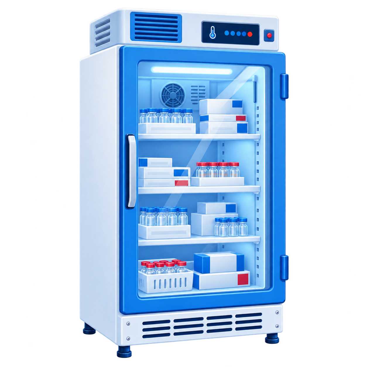 Vaccine refrigerator with temperature, humidity and door-status monitoring